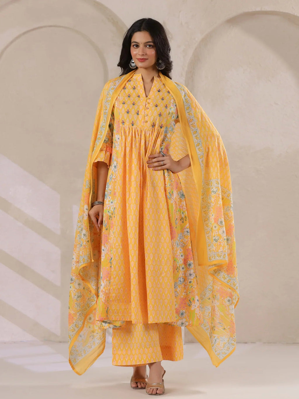 Yellow V-Neck Cotton Kurta with Floral Print and Palazzos for Women - SanskrutiHomes 