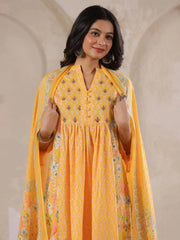 Yellow V-Neck Cotton Kurta with Floral Print and Palazzos for Women - SanskrutiHomes 