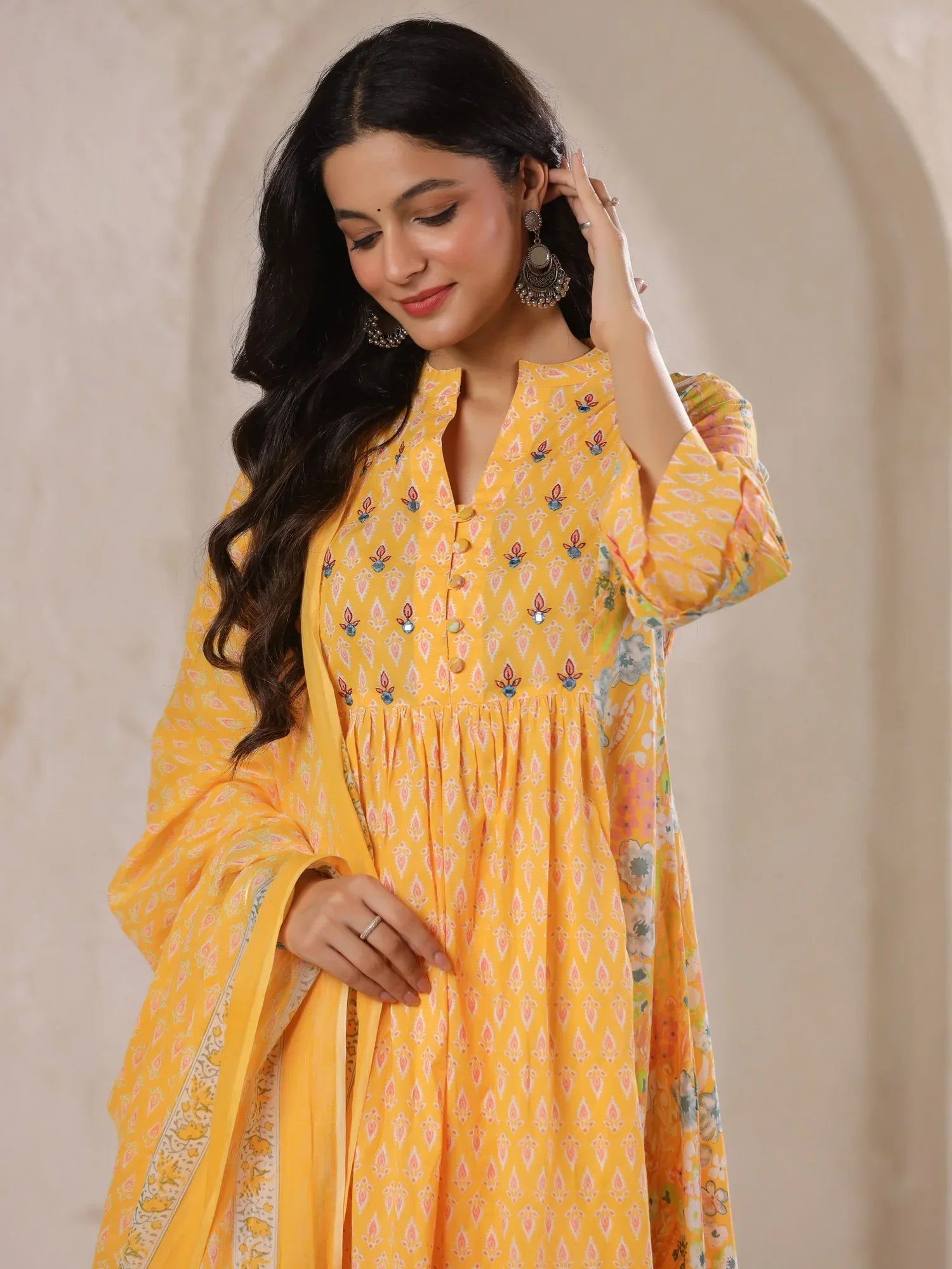 Yellow V-Neck Cotton Kurta with Floral Print and Palazzos for Women - SanskrutiHomes 