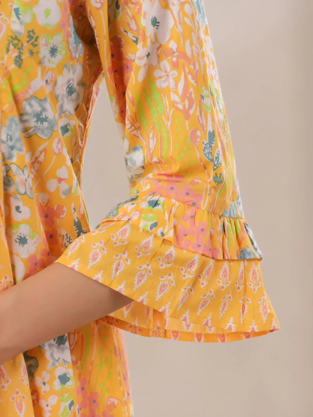 Yellow V-Neck Cotton Kurta with Floral Print and Palazzos for Women - SanskrutiHomes 