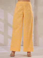 Yellow V-Neck Cotton Kurta with Floral Print and Palazzos for Women - SanskrutiHomes 