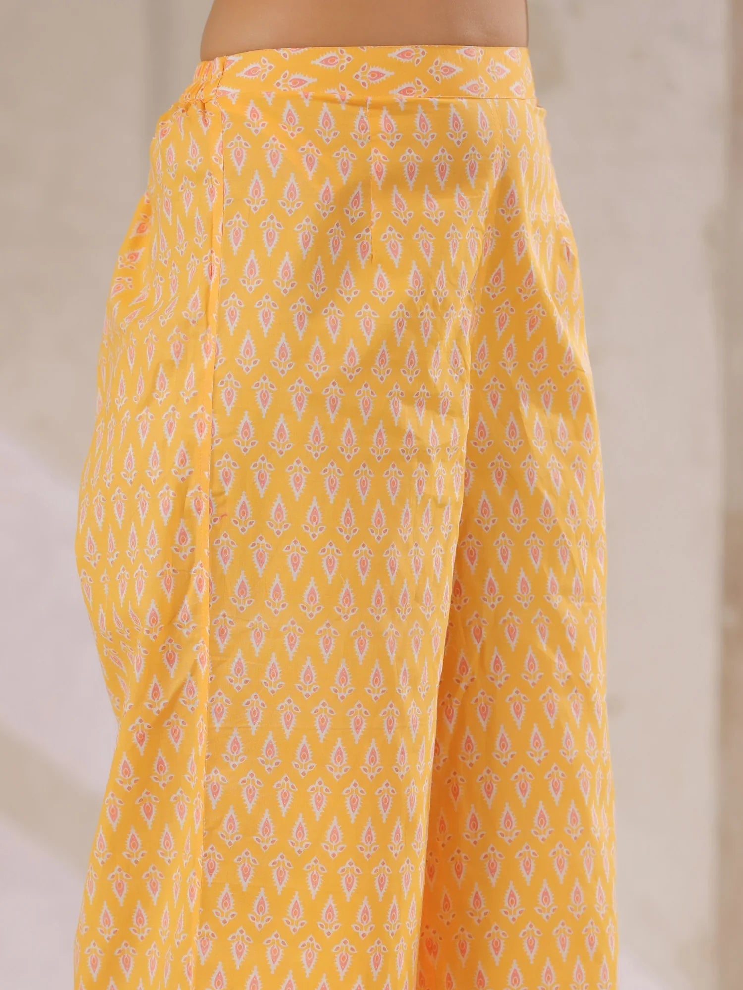 Yellow V-Neck Cotton Kurta with Floral Print and Palazzos for Women - SanskrutiHomes 