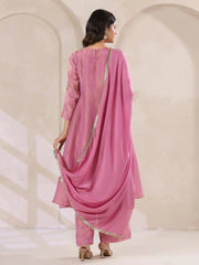 Pink Tissue Round Neck Kurta Set with Embroidered for Women - SanskrutiHomes 