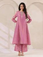 Pink Tissue Round Neck Kurta Set with Embroidered for Women - SanskrutiHomes 