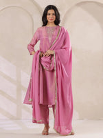 Pink Tissue Round Neck Kurta Set with Embroidered for Women - SanskrutiHomes 