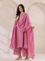 Pink Tissue Round Neck Kurta Set with Embroidered for Women - SanskrutiHomes 