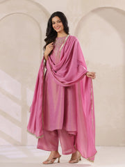 Pink Tissue Round Neck Kurta Set with Embroidered for Women - SanskrutiHomes 