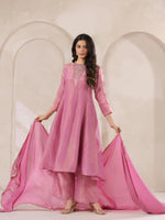 Pink Tissue Round Neck Kurta Set with Embroidered for Women - SanskrutiHomes 