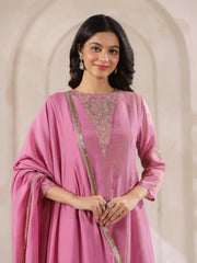 Pink Tissue Round Neck Kurta Set with Embroidered for Women - SanskrutiHomes 
