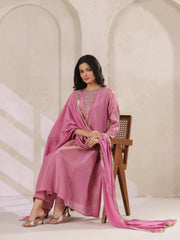 Pink Tissue Round Neck Kurta Set with Embroidered for Women - SanskrutiHomes 