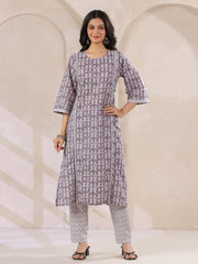 Grey Flower Printed Round Neck Cotton Kurta Set With Dupatta - SanskrutiHomes 