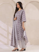 Grey Flower Printed Round Neck Cotton Kurta Set With Dupatta - SanskrutiHomes 