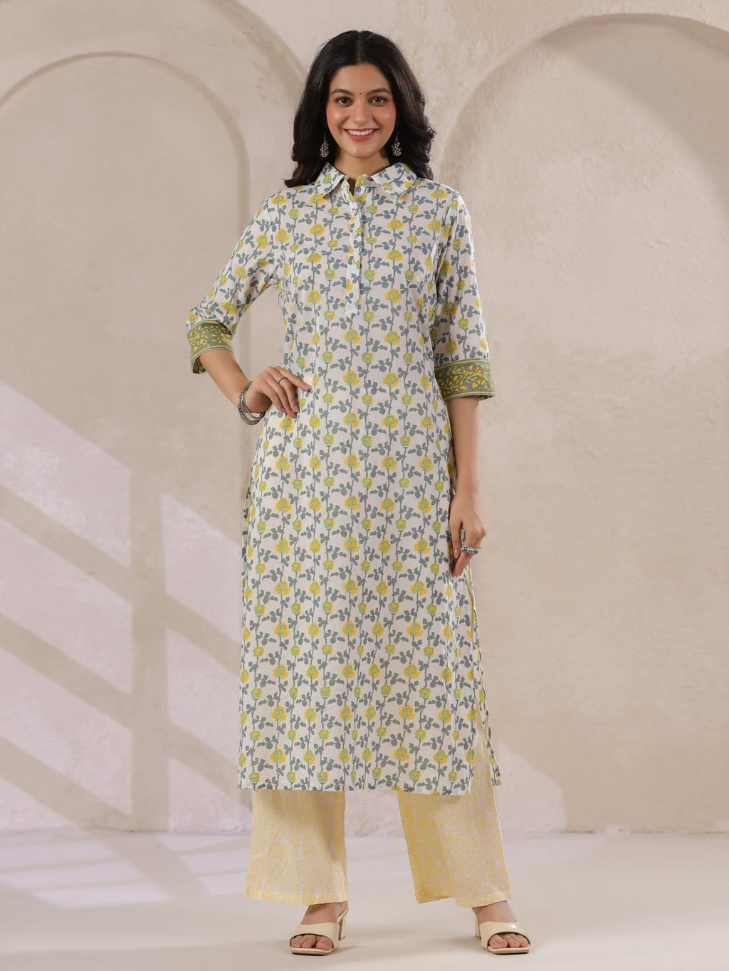 Off White Cotton Kurta Set Yellow Flower Printed With Dupatta - SanskrutiHomes 