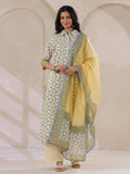Off White Cotton Kurta Set Yellow Flower Printed With Dupatta - SanskrutiHomes 