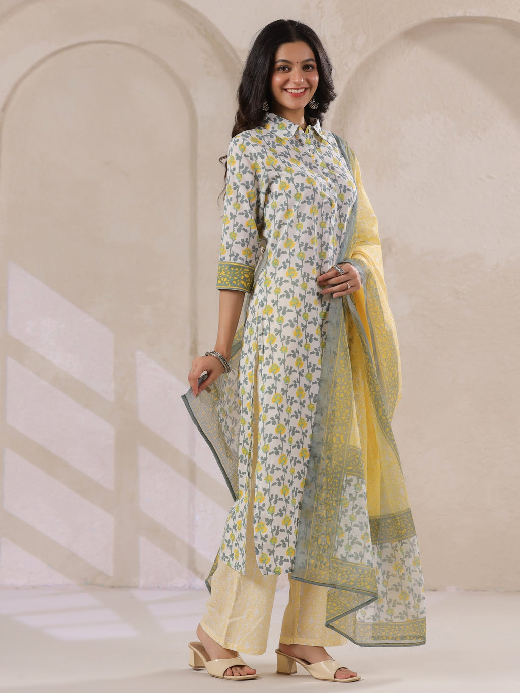 Off White Cotton Kurta Set Yellow Flower Printed With Dupatta - SanskrutiHomes 