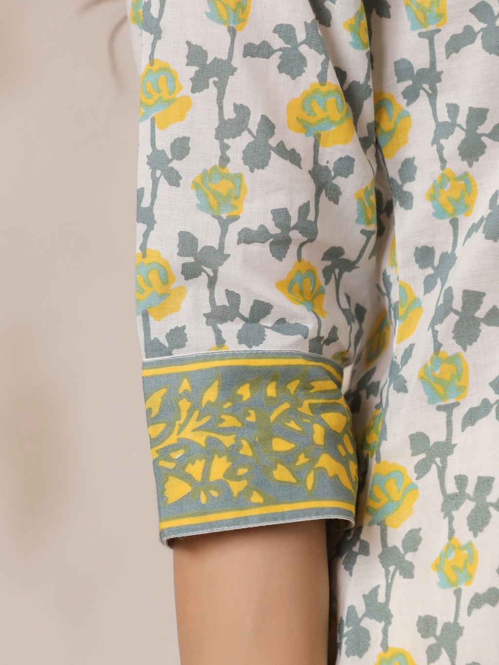 Off White Cotton Kurta Set Yellow Flower Printed With Dupatta - SanskrutiHomes 