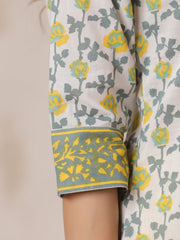 Off White Cotton Kurta Set Yellow Flower Printed With Dupatta - SanskrutiHomes 