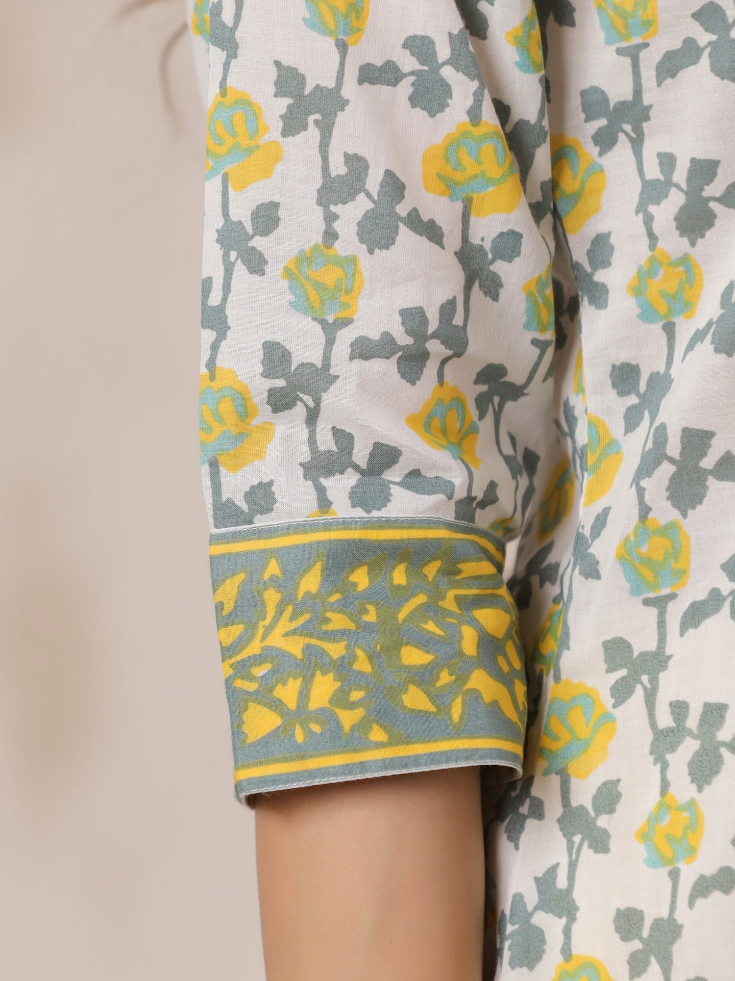 Off White Cotton Kurta Set Yellow Flower Printed With Dupatta - SanskrutiHomes 