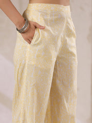 Off White Cotton Kurta Set Yellow Flower Printed With Dupatta - SanskrutiHomes 