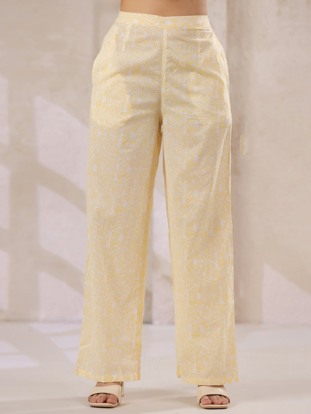 Off White Cotton Kurta Set Yellow Flower Printed With Dupatta - SanskrutiHomes 