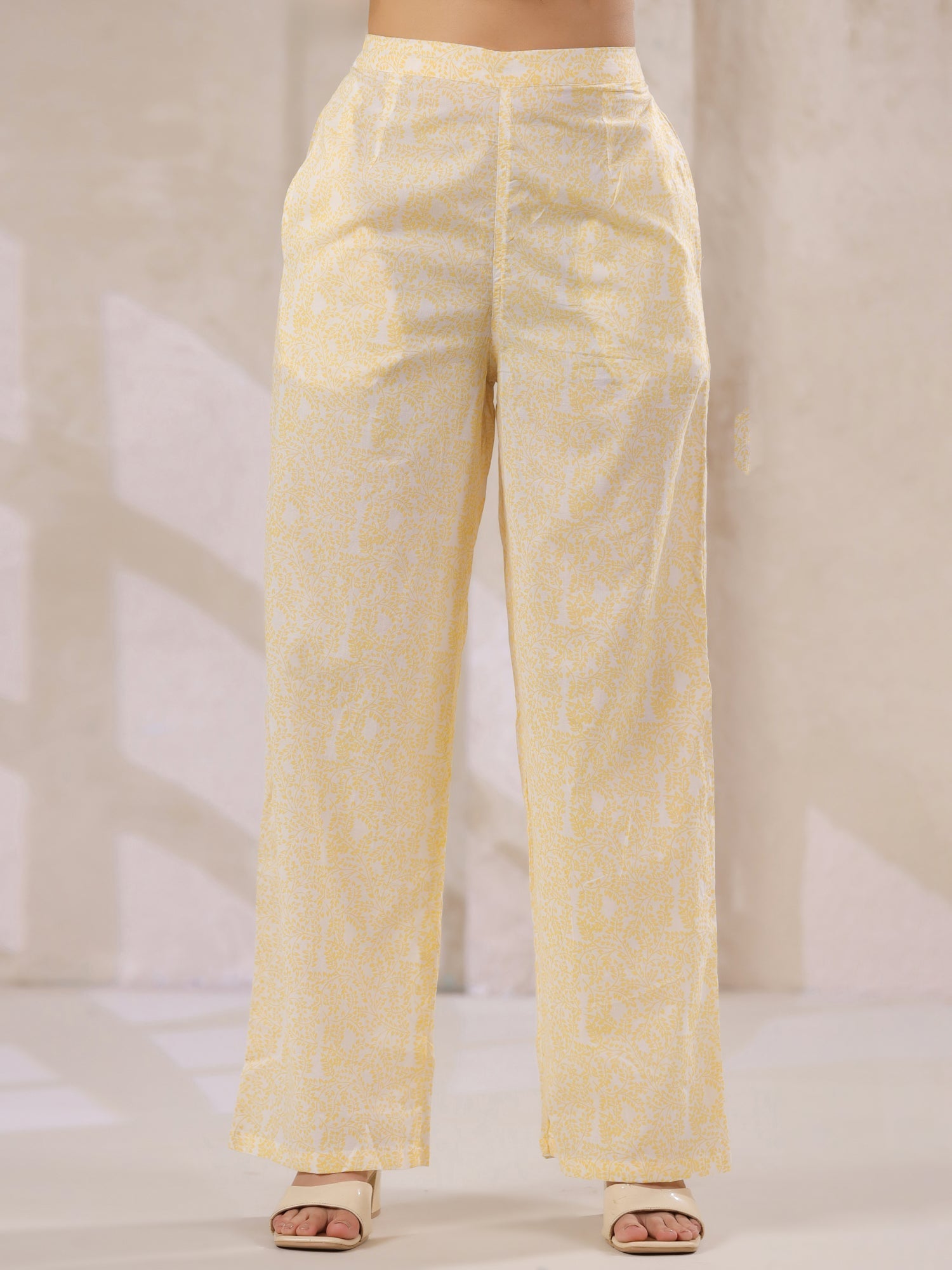 Off White Cotton Kurta Set Yellow Flower Printed With Dupatta - SanskrutiHomes 