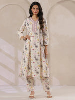 Off-White Cotton Floral Printed Anarkali Kurta with Dupatta Set - SanskrutiHomes 