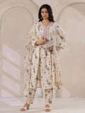 Off-White Cotton Floral Printed Anarkali Kurta with Dupatta Set - SanskrutiHomes 
