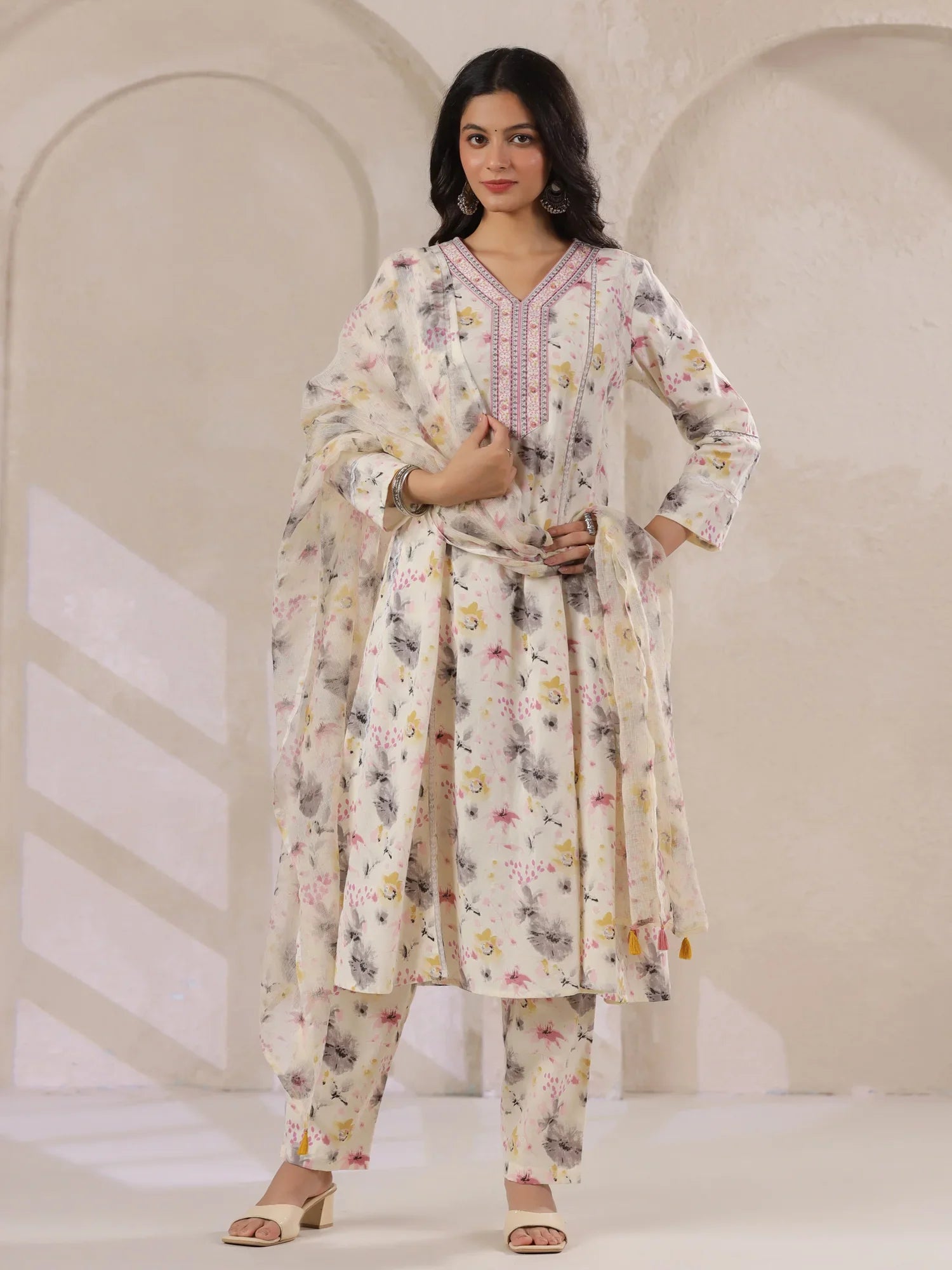 Off-White Cotton Floral Printed Anarkali Kurta with Dupatta Set - SanskrutiHomes 