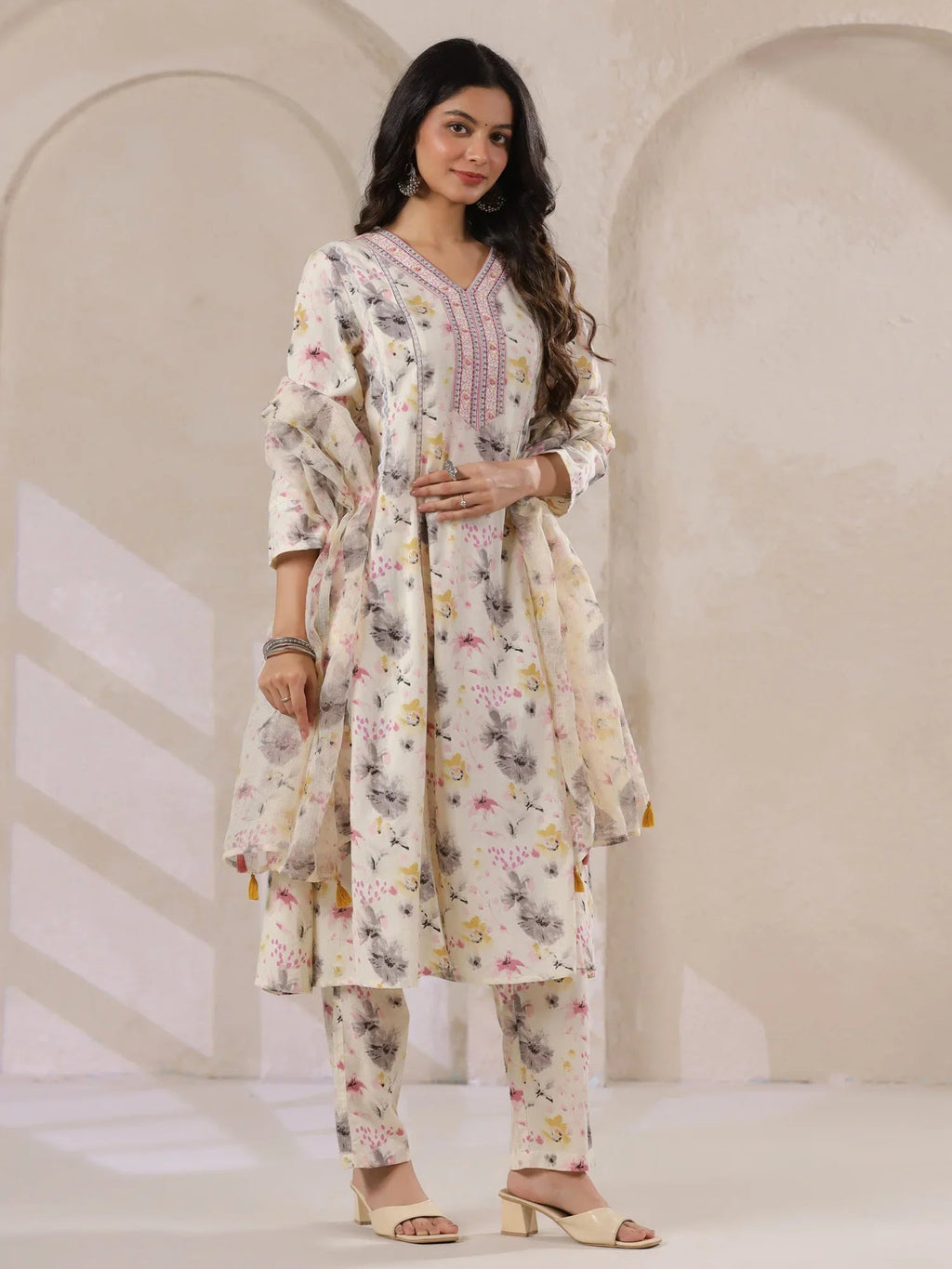 Off-White Cotton Floral Printed Anarkali Kurta with Dupatta Set - SanskrutiHomes 
