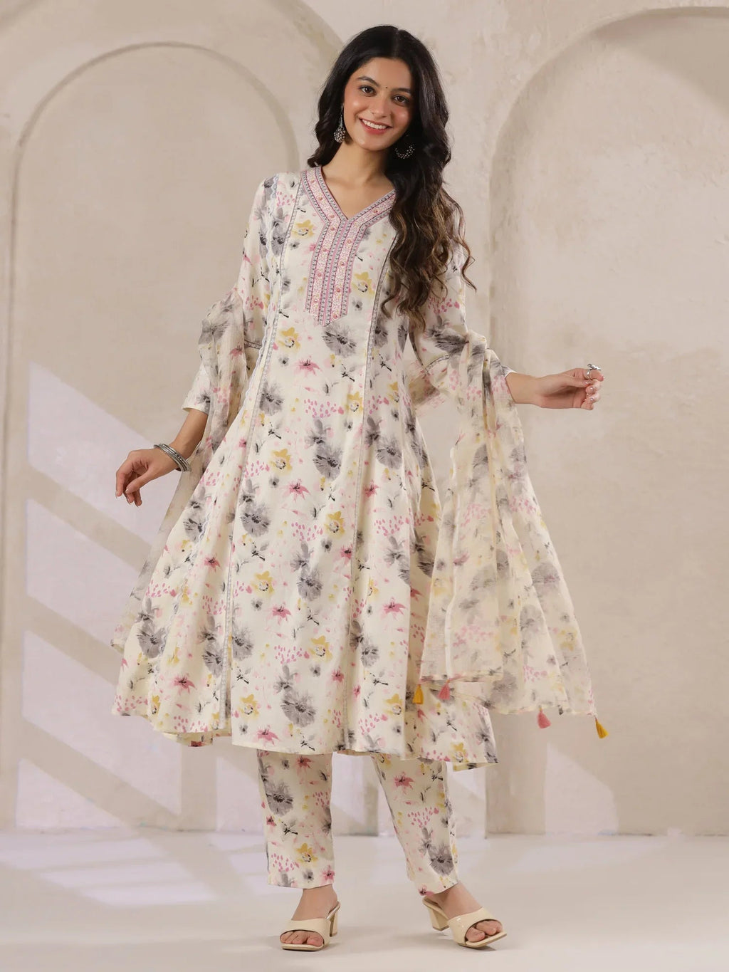 Off-White Cotton Floral Printed Anarkali Kurta with Dupatta Set - SanskrutiHomes 