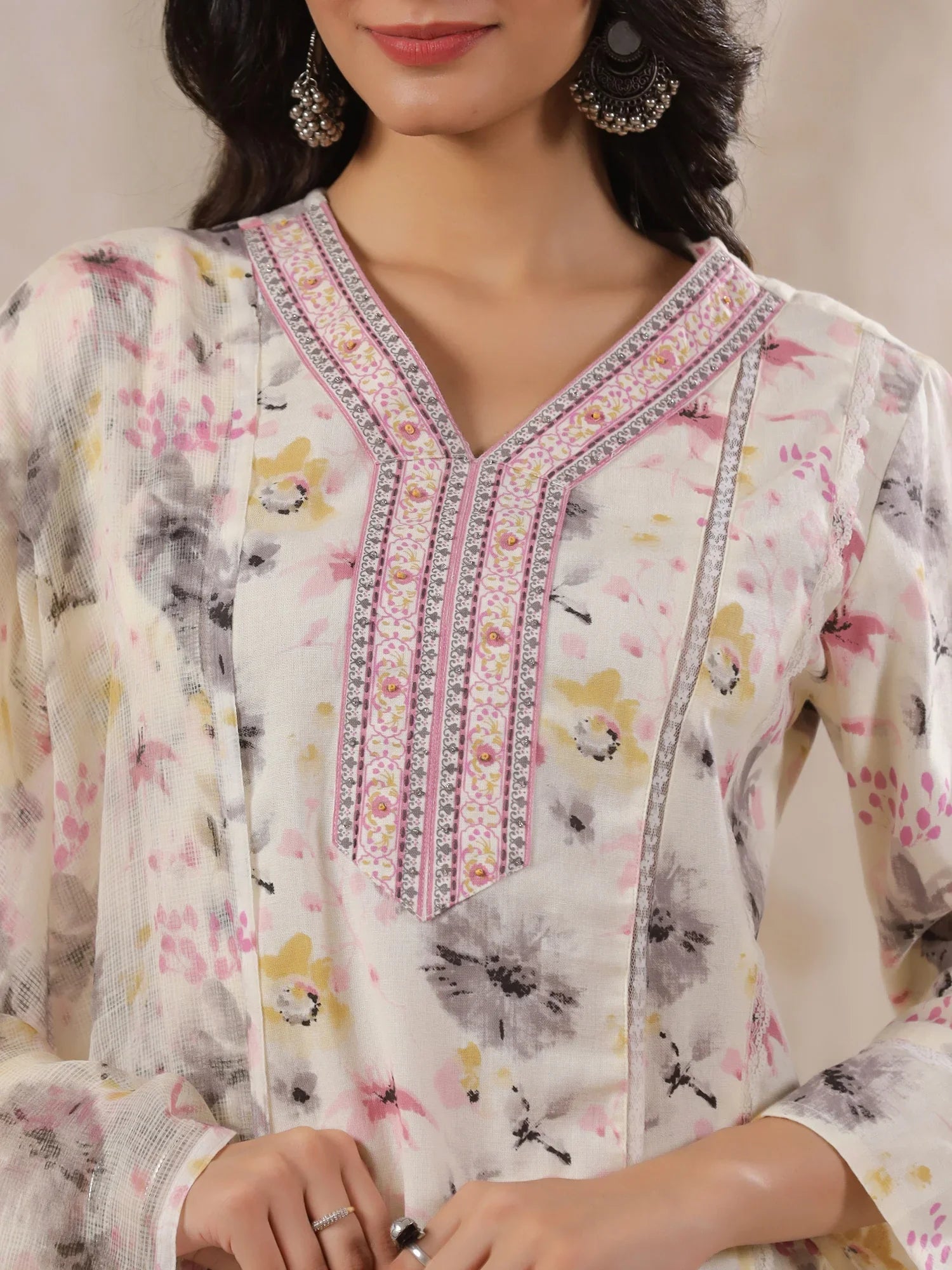 Off-White Cotton Floral Printed Anarkali Kurta with Dupatta Set - SanskrutiHomes 