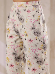 Off-White Cotton Floral Printed Anarkali Kurta with Dupatta Set - SanskrutiHomes 