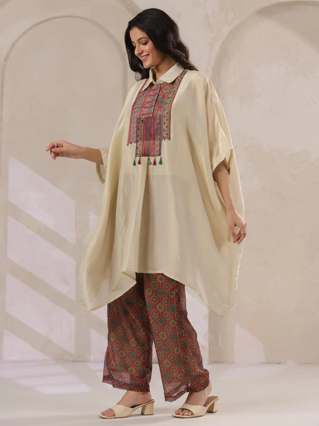 Cream Kaftan Co-Ord Set With Embroidered And Printed Pants