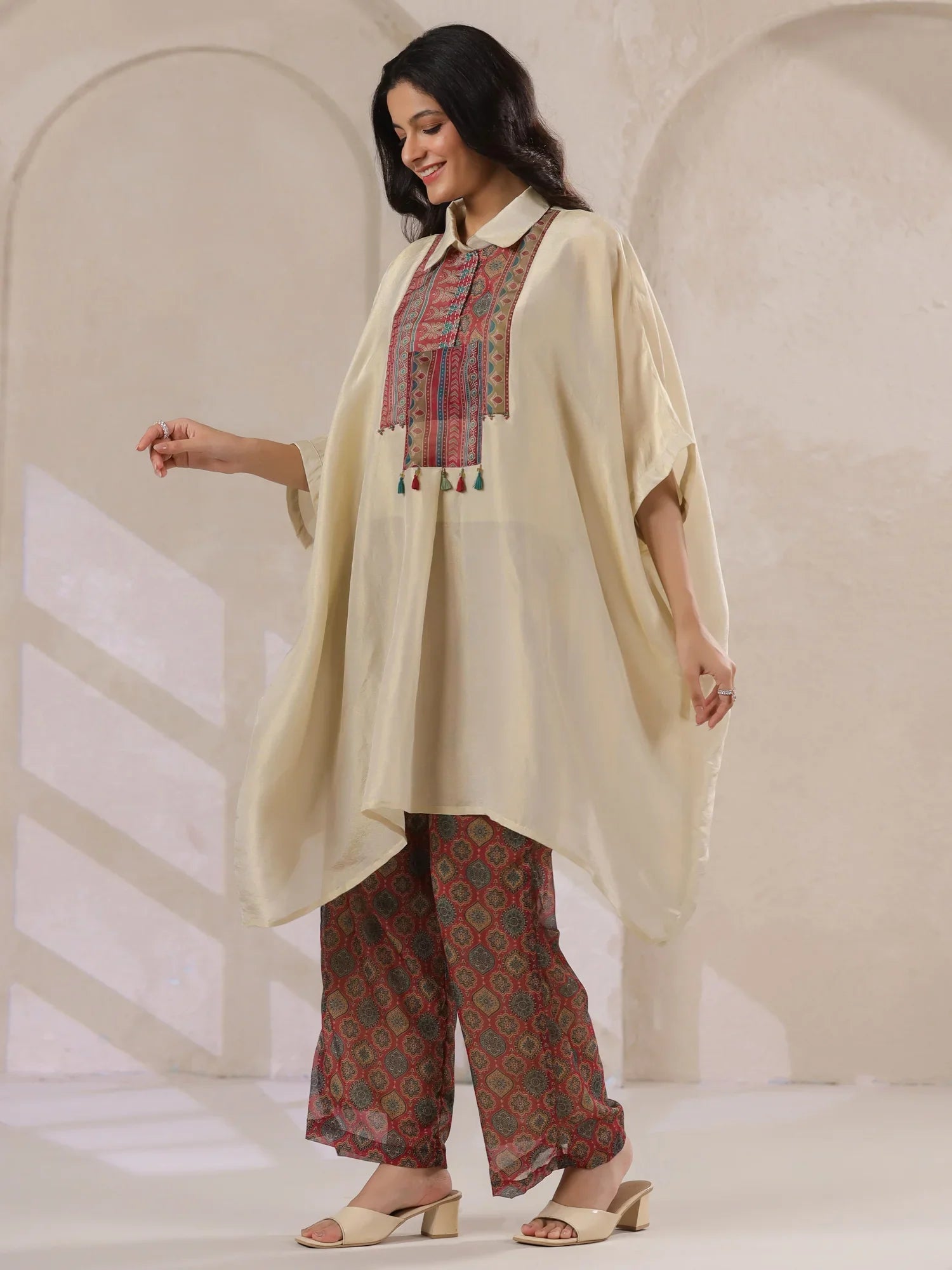 Cream Kaftan Co-Ord Set With Embroidered And Printed Pants