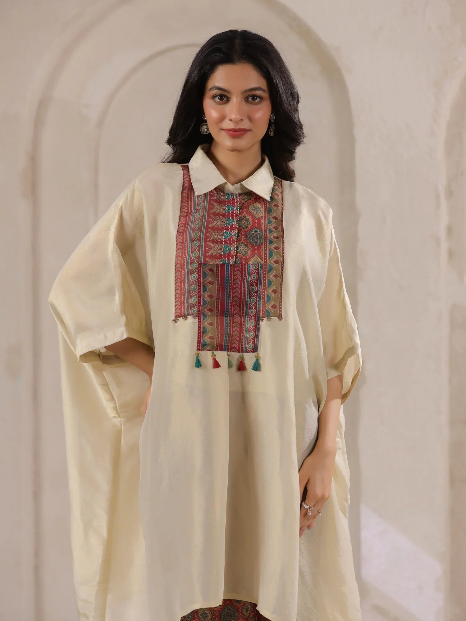 Cream Kaftan Co-Ord Set With Embroidered And Printed Pants