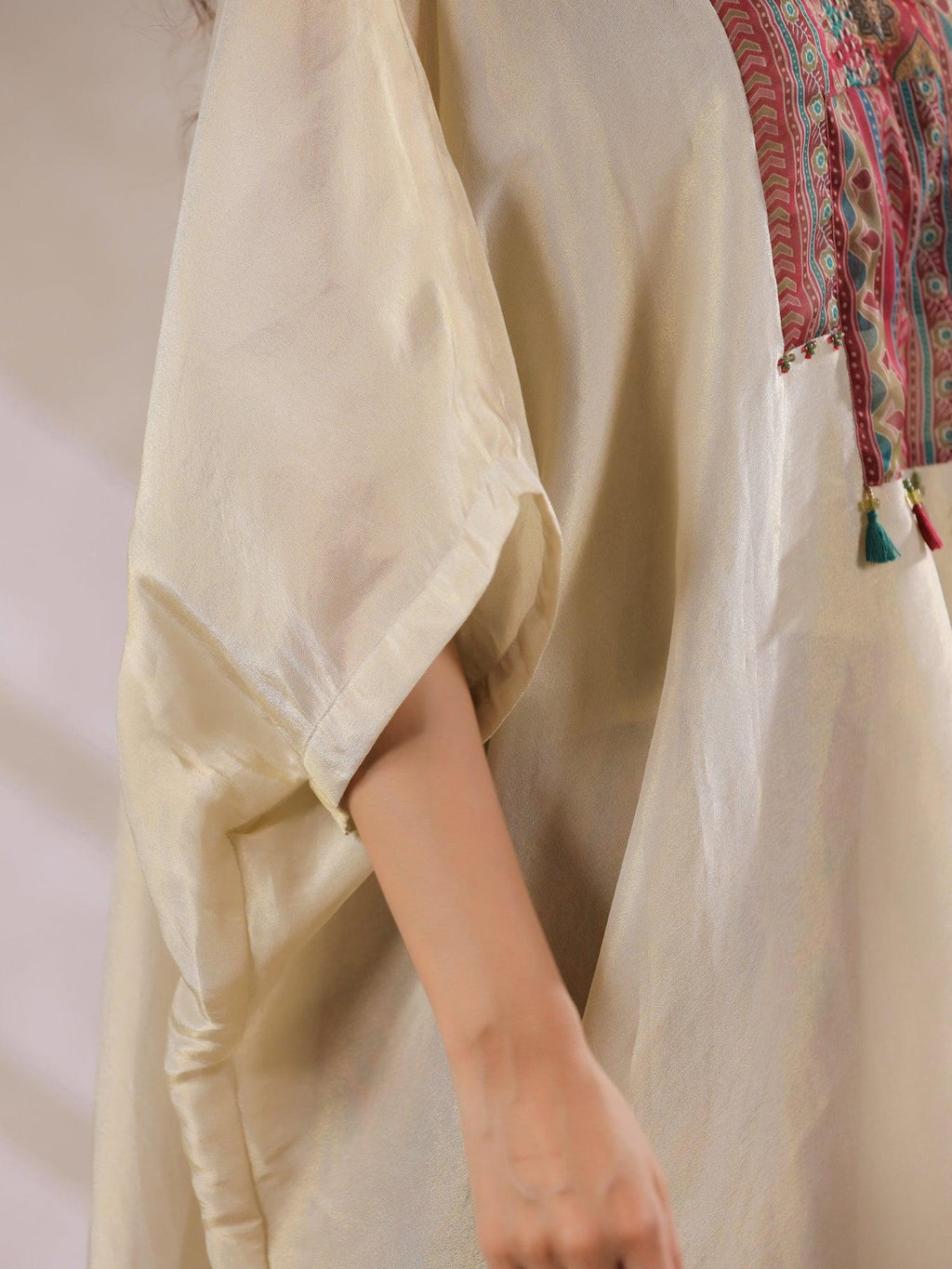 Cream Kaftan Co-Ord Set With Embroidered And Printed Pants