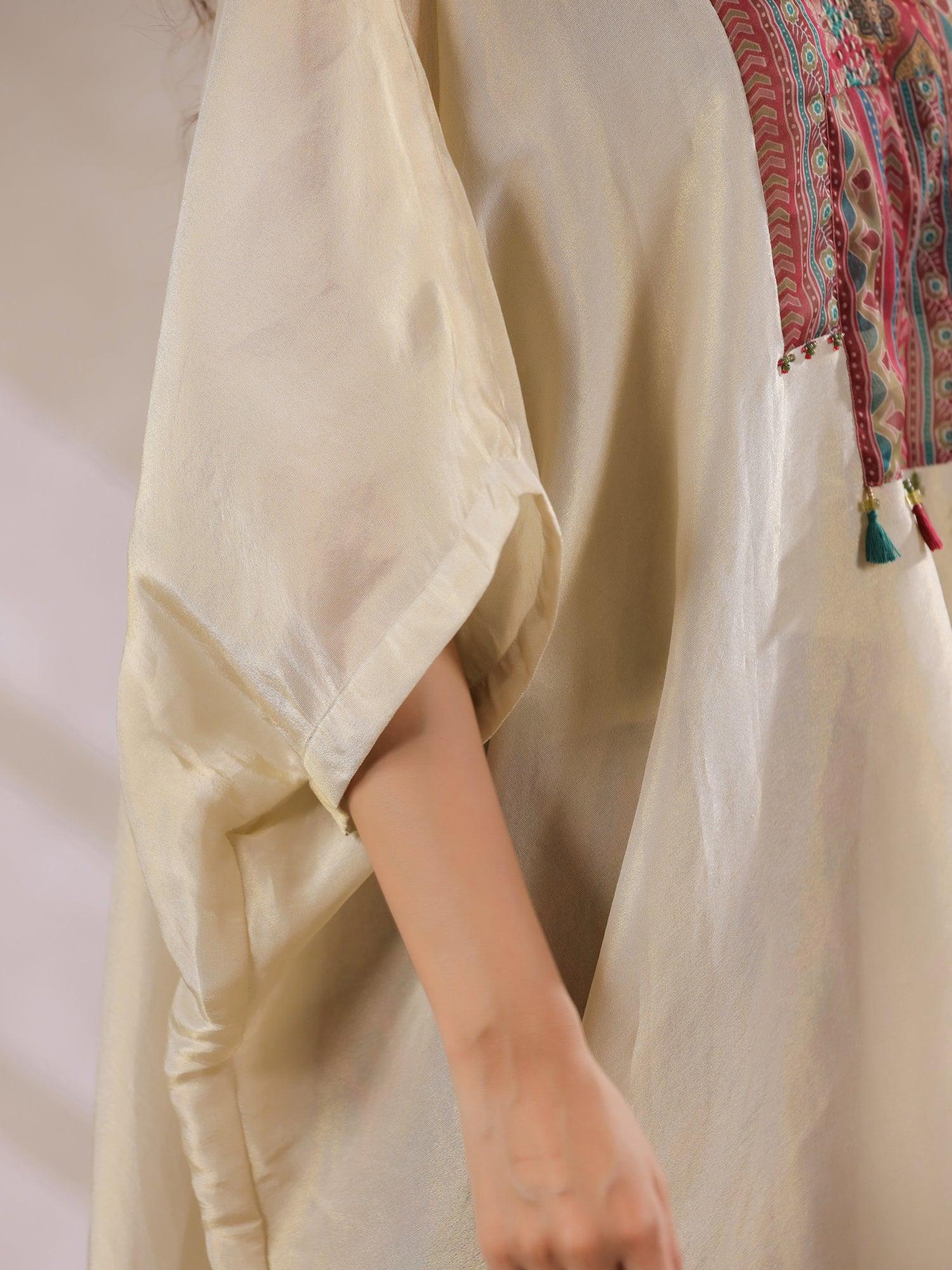 Cream Kaftan Co-Ord Set With Embroidered And Printed Pants