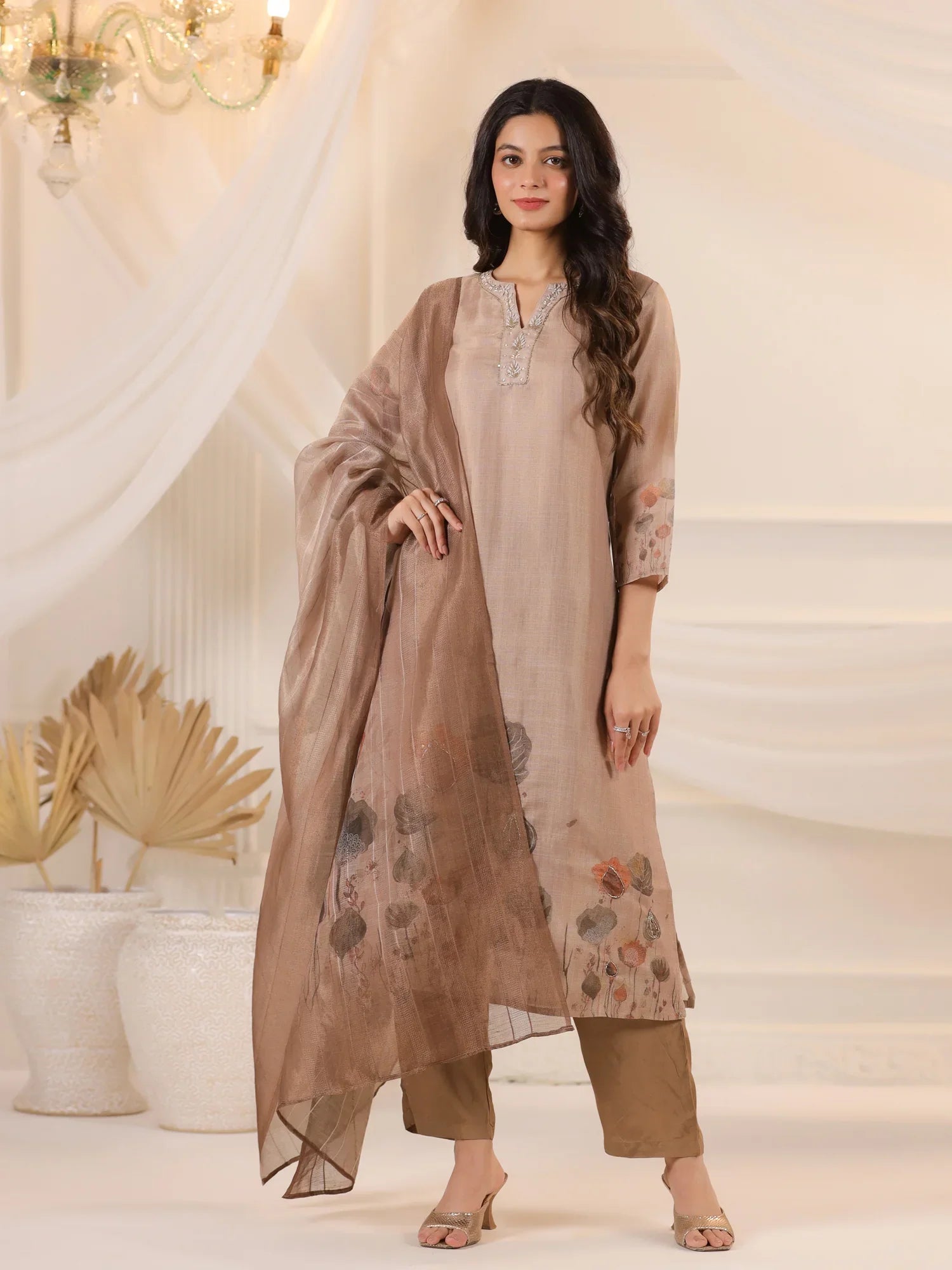 Brown Floral Printed Kurta Set With Dupatta for Women - SanskrutiHomes 