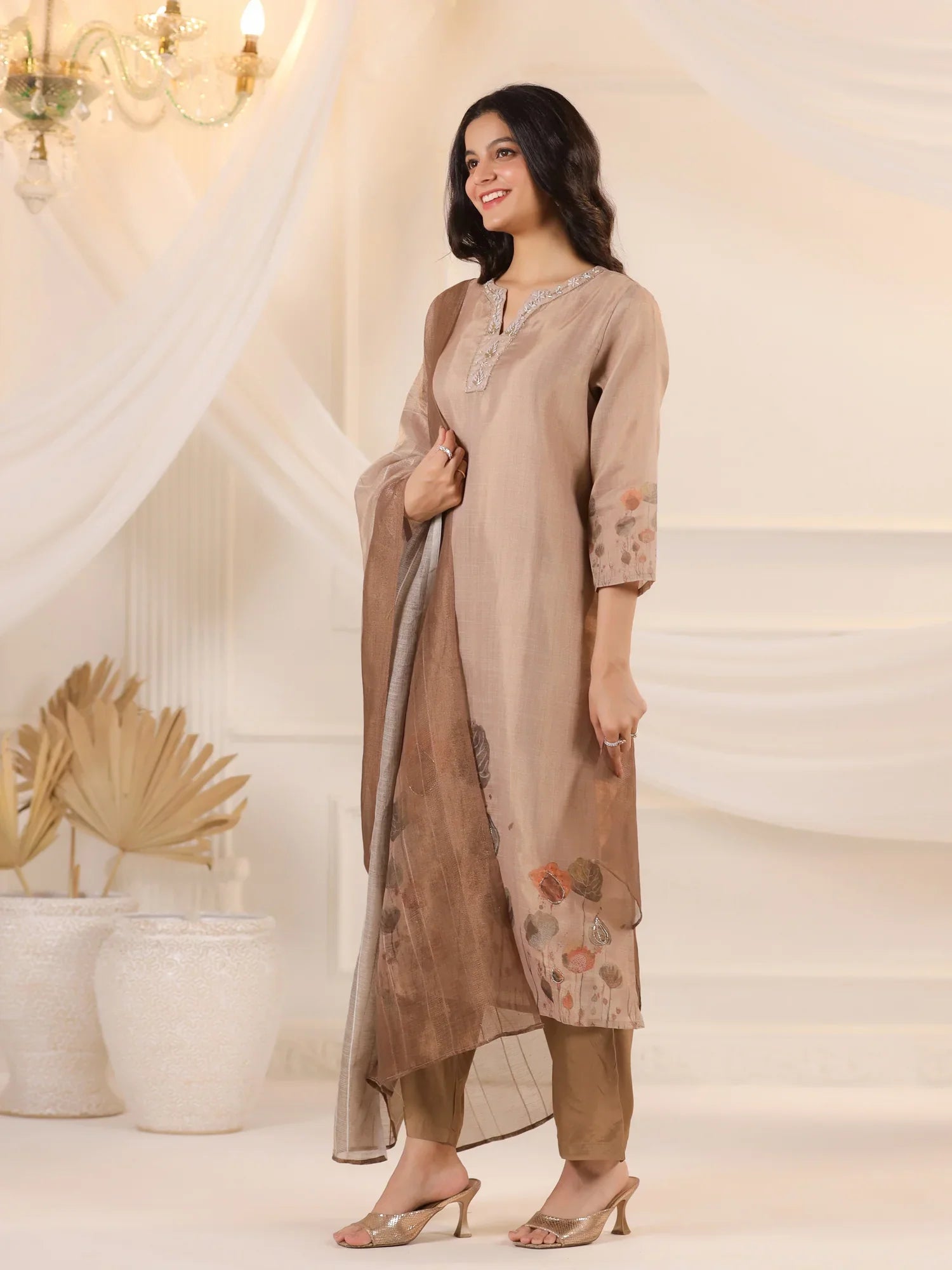 Brown Floral Printed Kurta Set With Dupatta for Women - SanskrutiHomes 