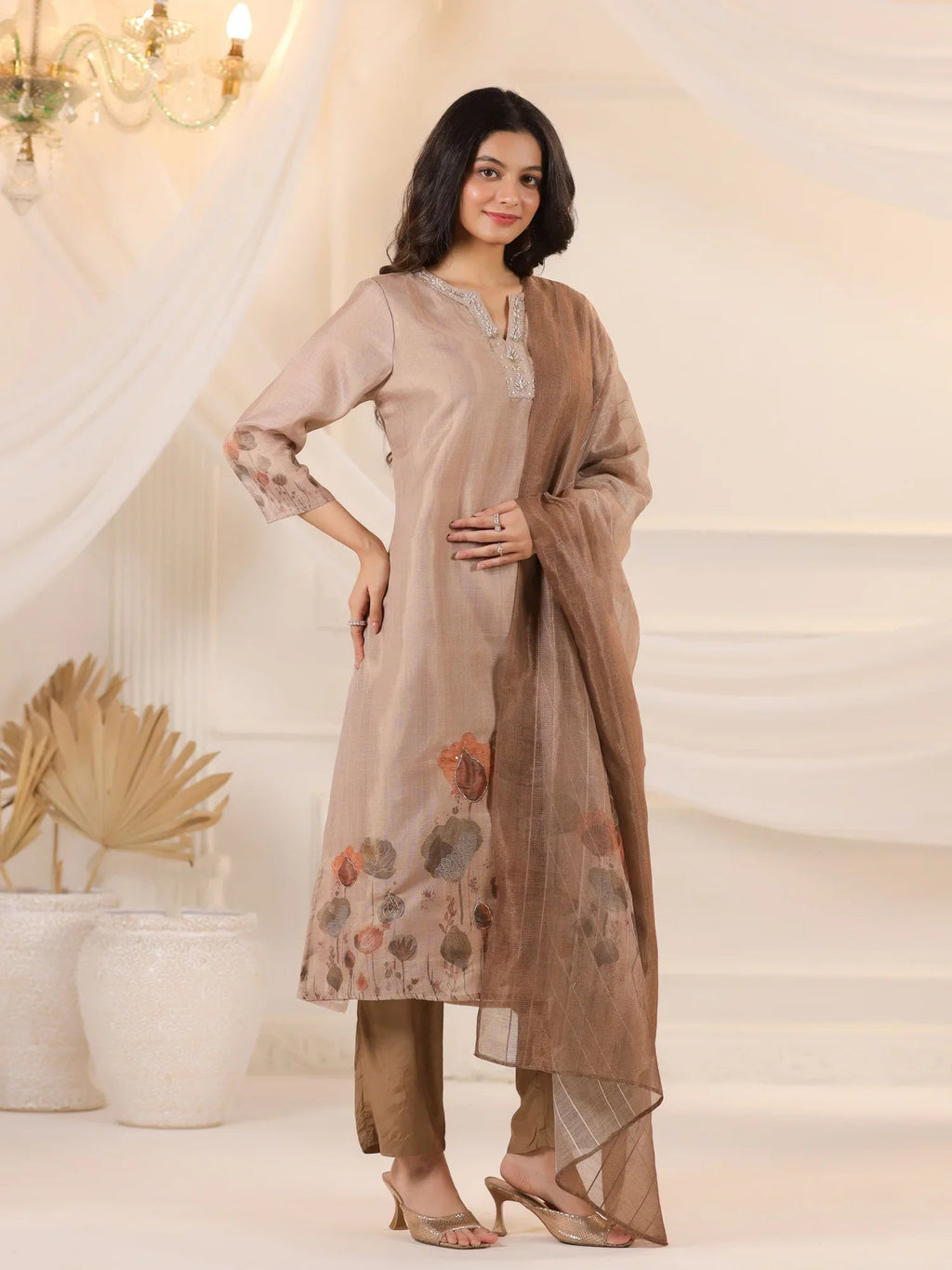 Brown Floral Printed Kurta Set With Dupatta for Women - SanskrutiHomes 