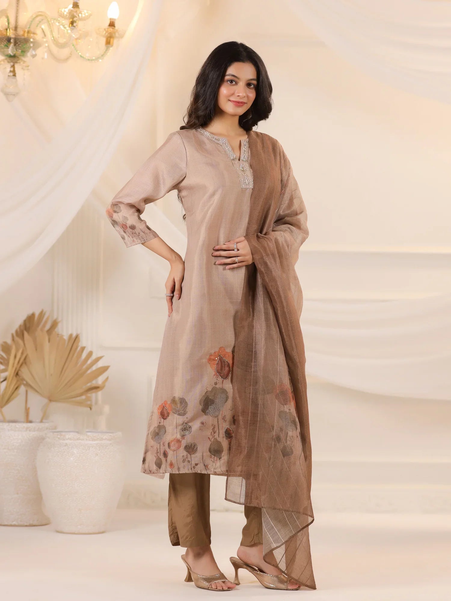 Brown Floral Printed Kurta Set With Dupatta for Women - SanskrutiHomes 
