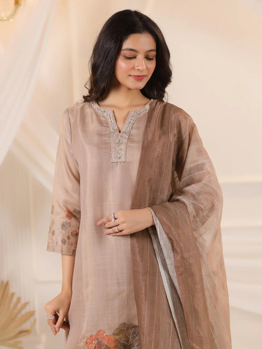 Brown Floral Printed Kurta Set With Dupatta for Women - SanskrutiHomes 