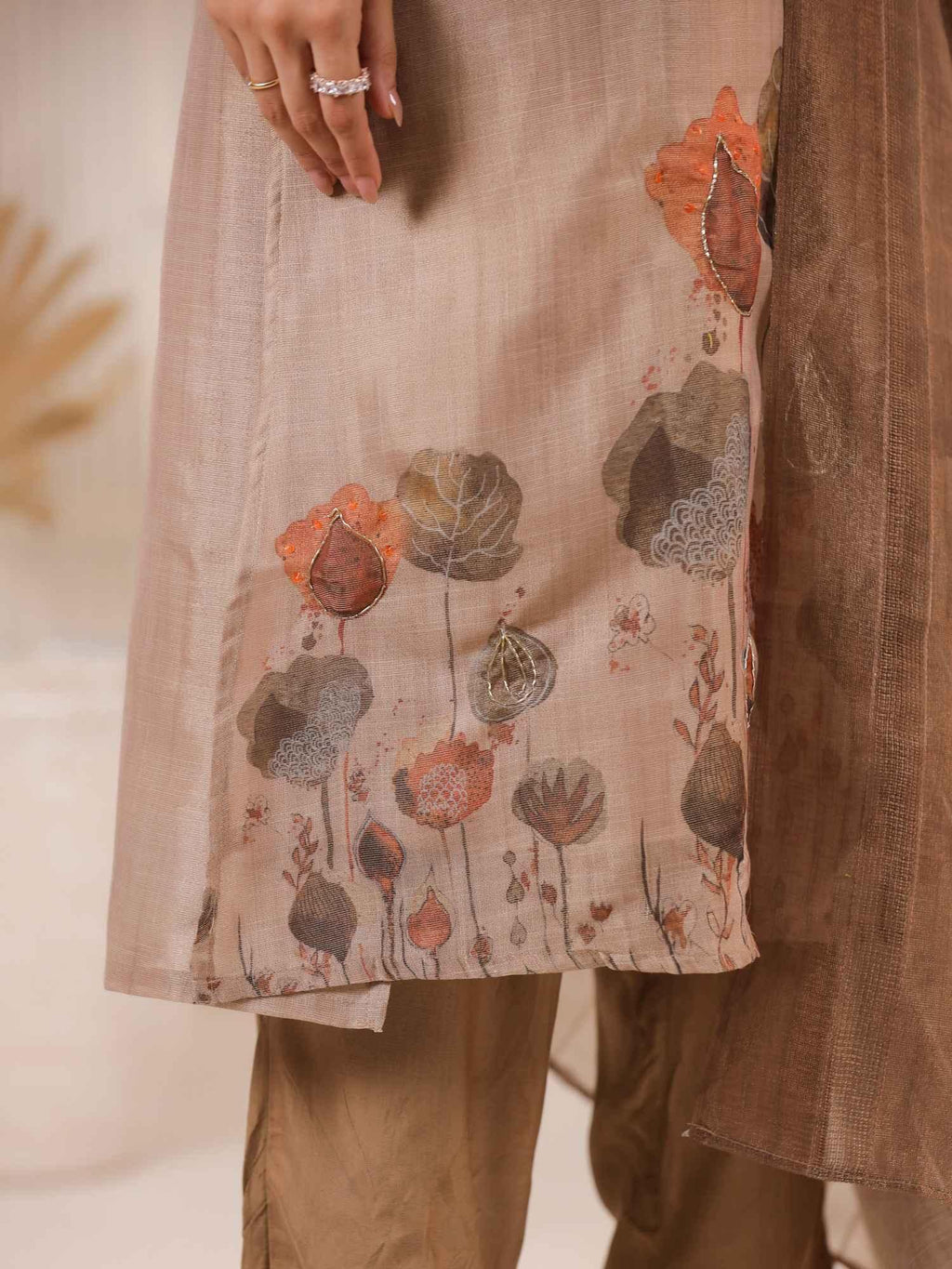 Brown Floral Printed Kurta Set With Dupatta for Women - SanskrutiHomes 