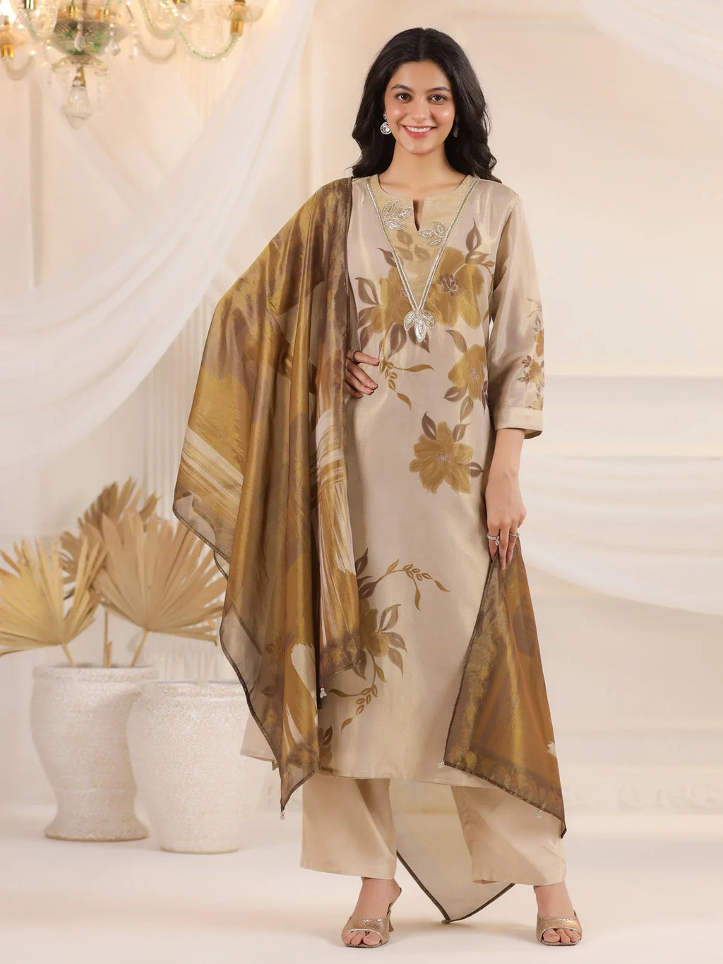 Cream V-Neck Floral Printed Tissue Kurta Set With Dupatta - SanskrutiHomes 