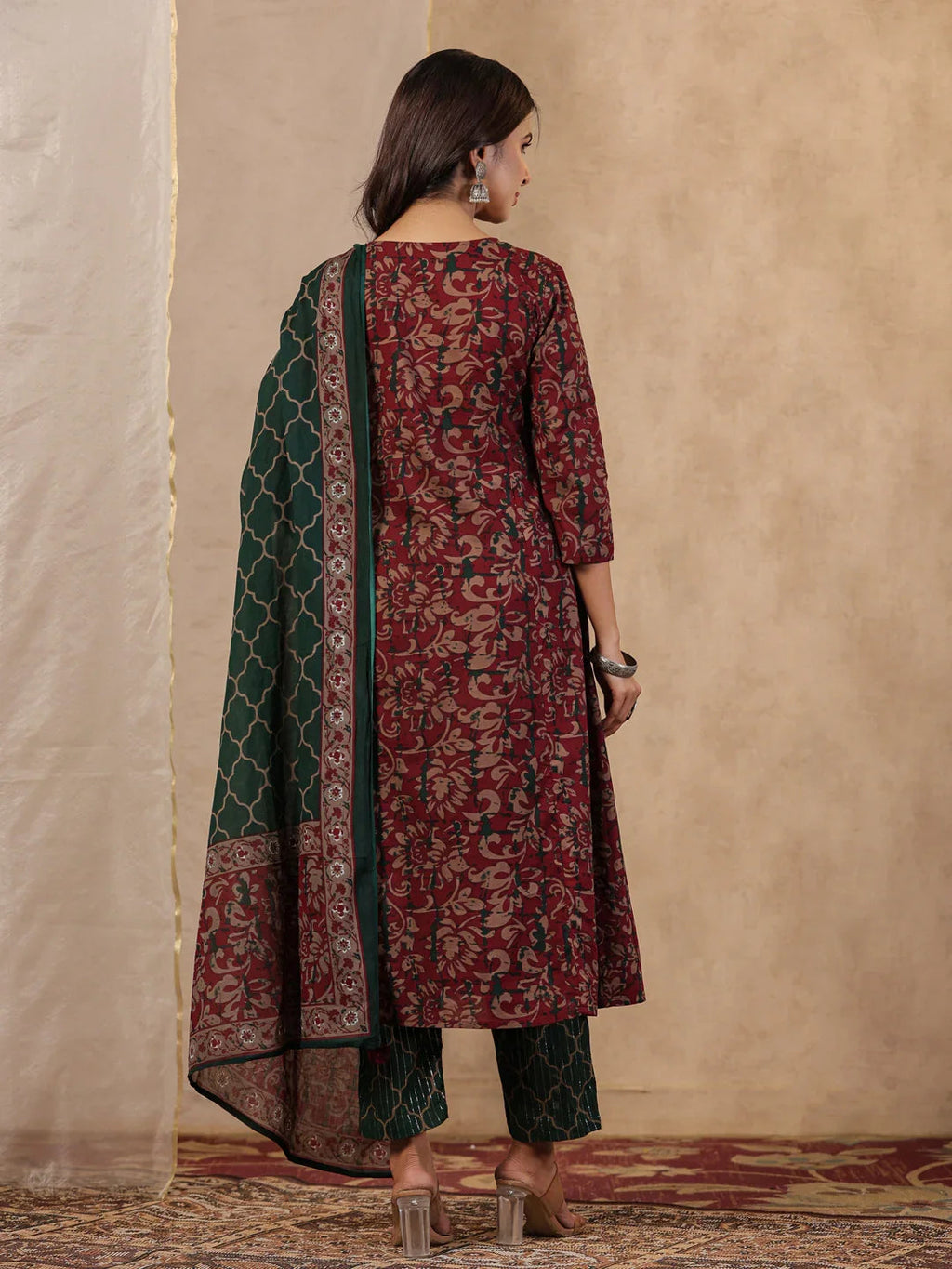 Rang Deep Red & Green Print Cotton Set of Kurti With Pant & Dupatta - SanskrutiHomes 