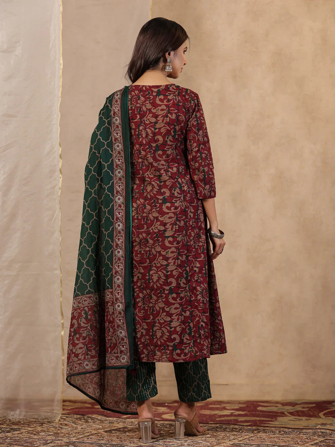 Rang Deep Red & Green Print Cotton Set of Kurti With Pant & Dupatta - SanskrutiHomes 