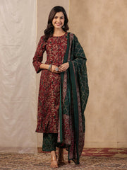 Rang Deep Red & Green Print Cotton Set of Kurti With Pant & Dupatta - SanskrutiHomes 