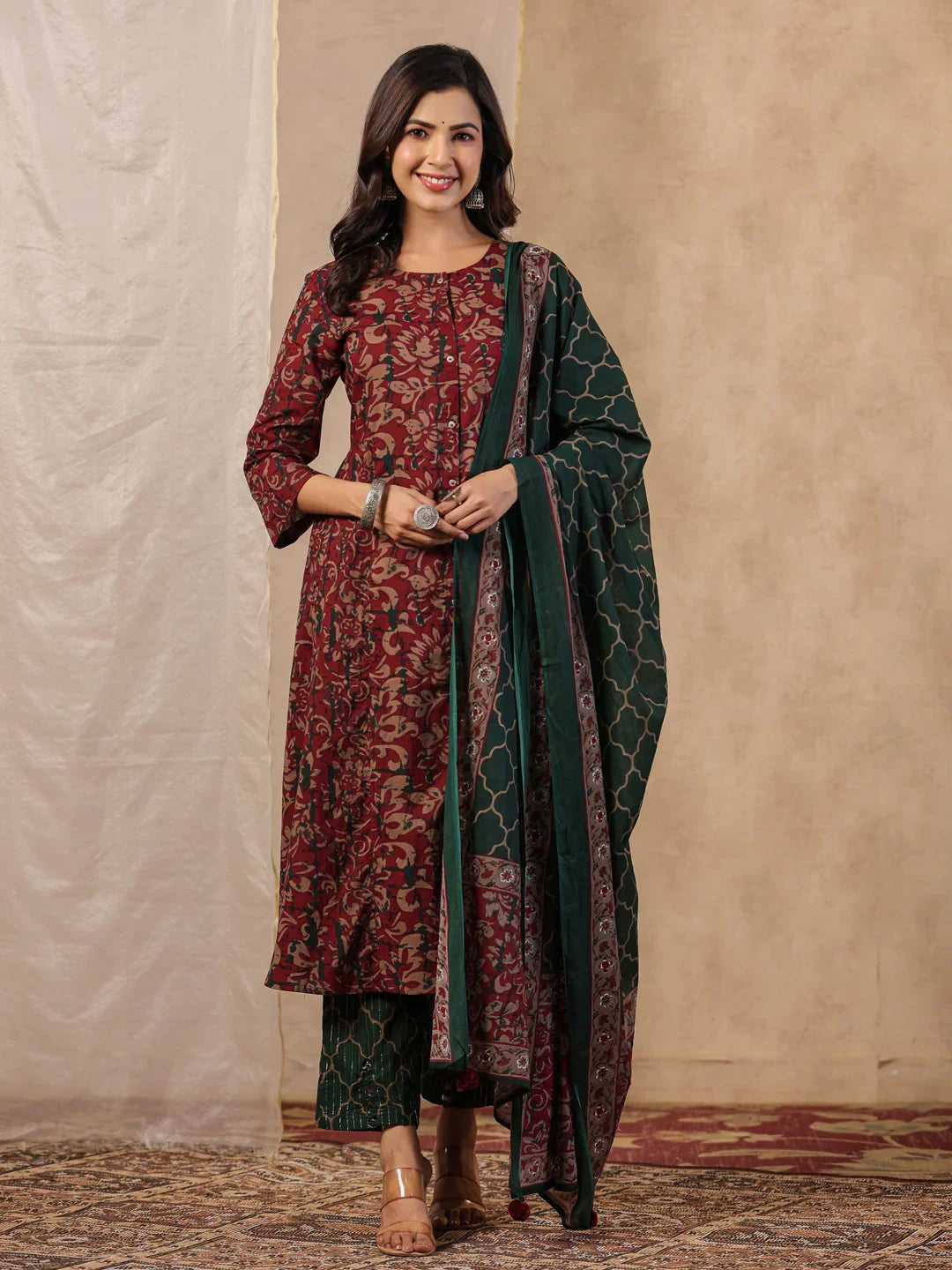 Rang Deep Red & Green Print Cotton Set of Kurti With Pant & Dupatta - SanskrutiHomes 