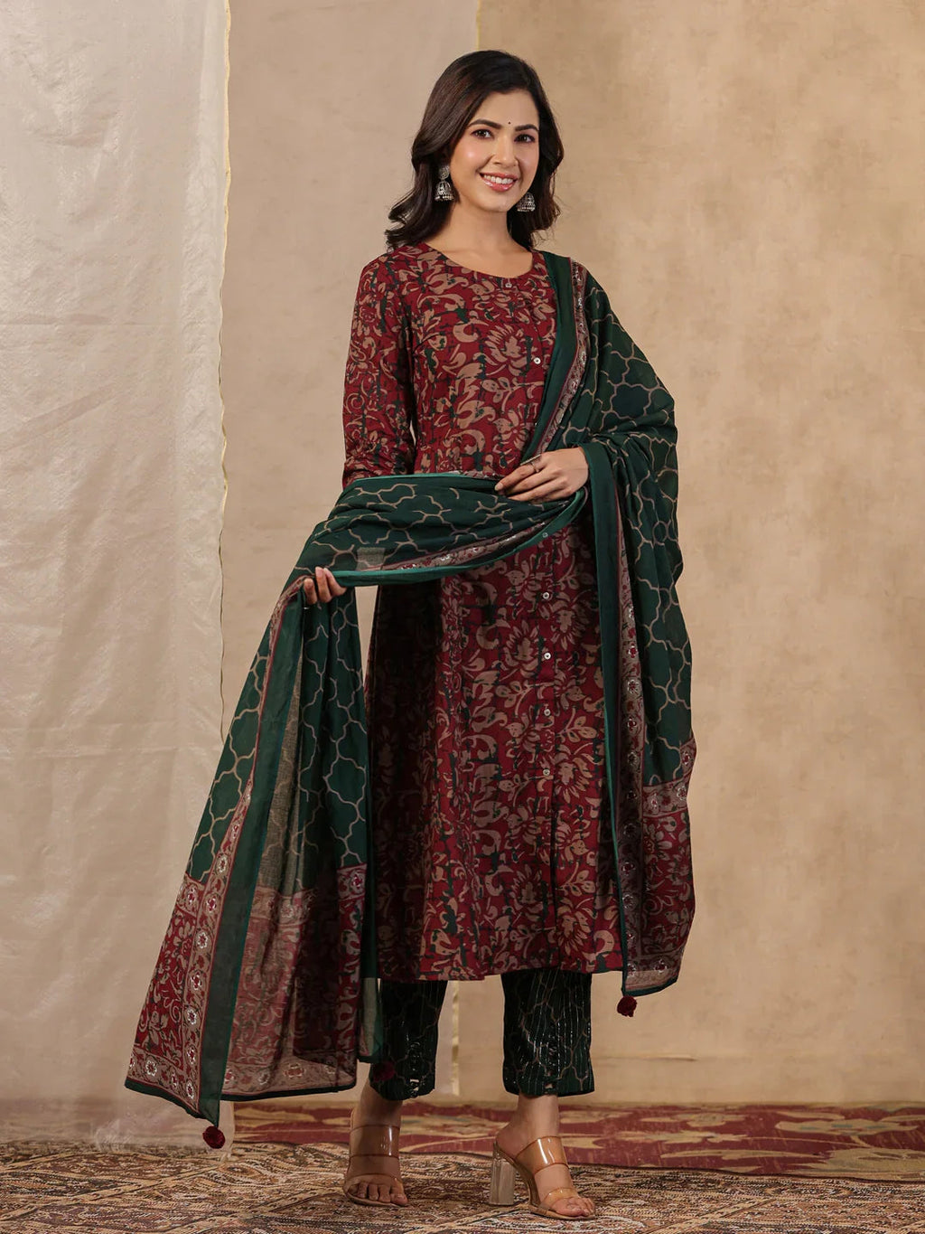 Rang Deep Red & Green Print Cotton Set of Kurti With Pant & Dupatta - SanskrutiHomes 