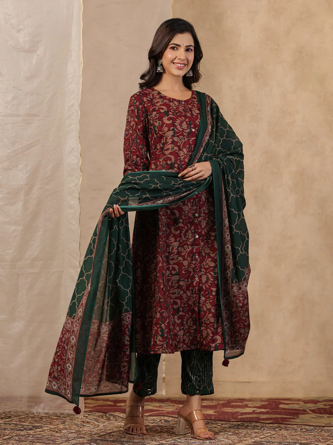 Rang Deep Red & Green Print Cotton Set of Kurti With Pant & Dupatta - SanskrutiHomes 